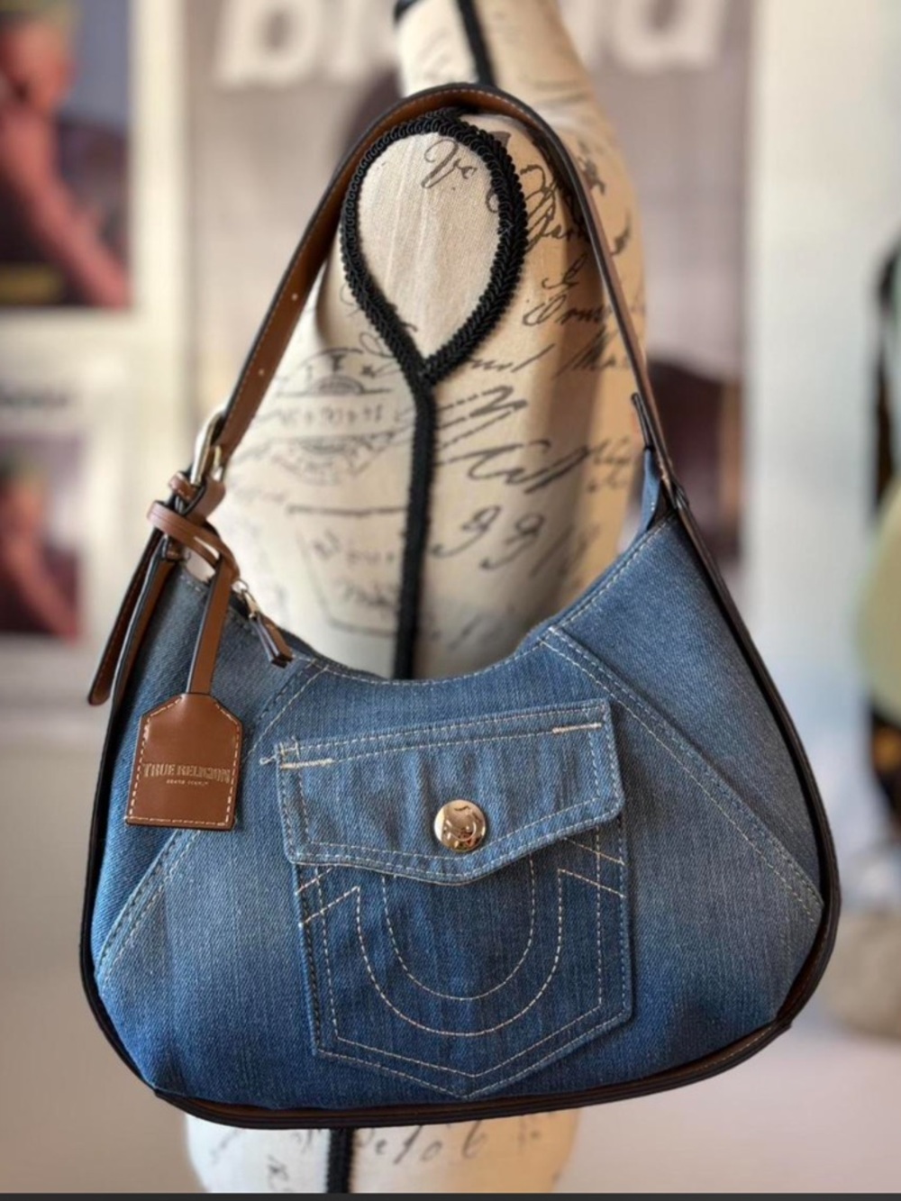 True Religion Blue Denim Shoulder Bag with Brown Trim